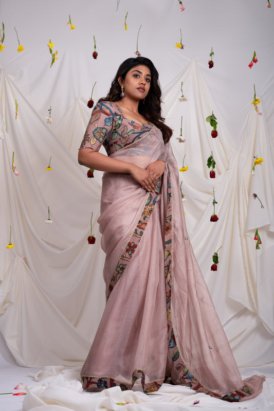 Sandrose-Pink Saree Set With Kalamkari Detailing.