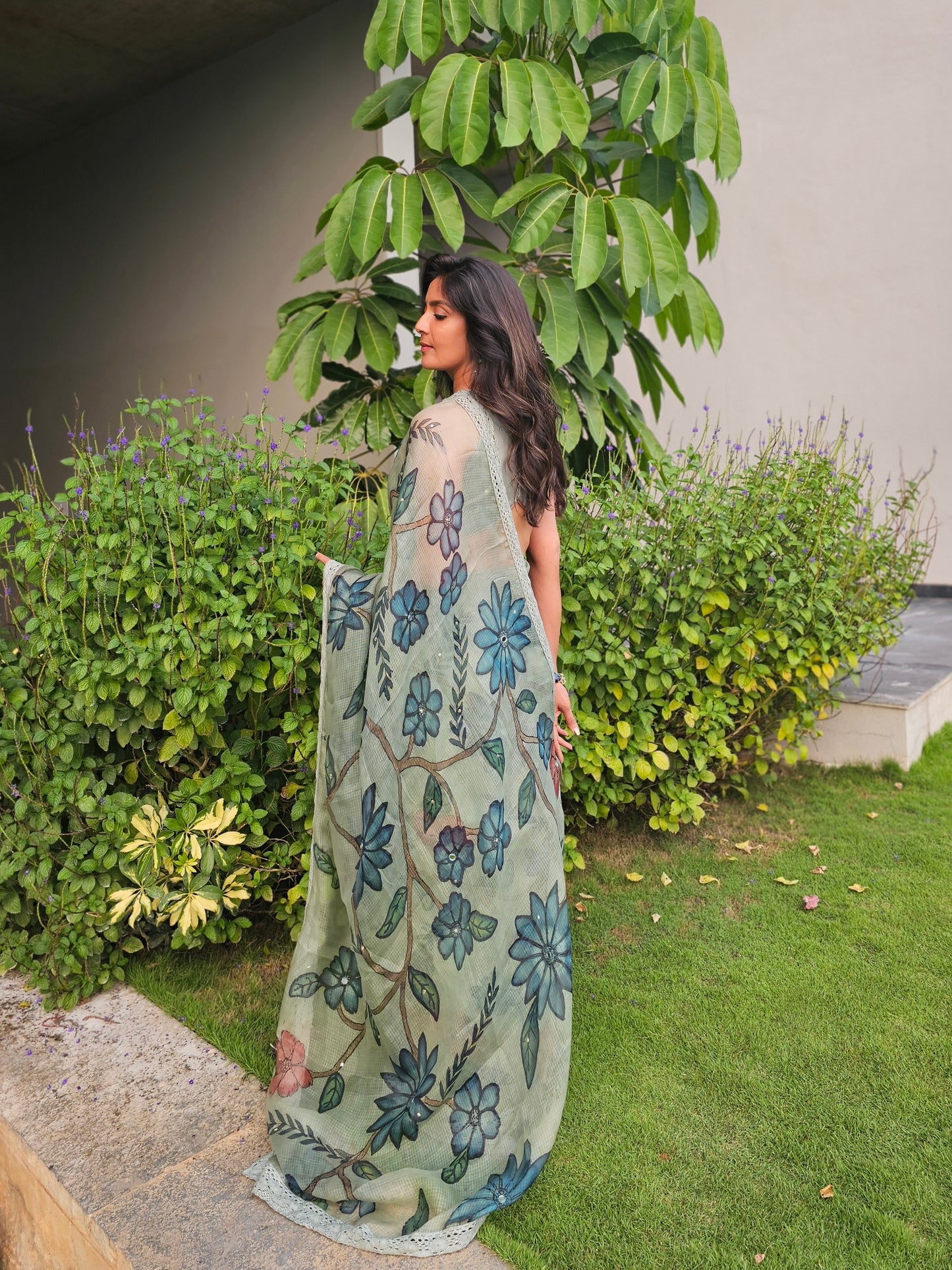 Ice-Blue Floral Kalamkari Saree