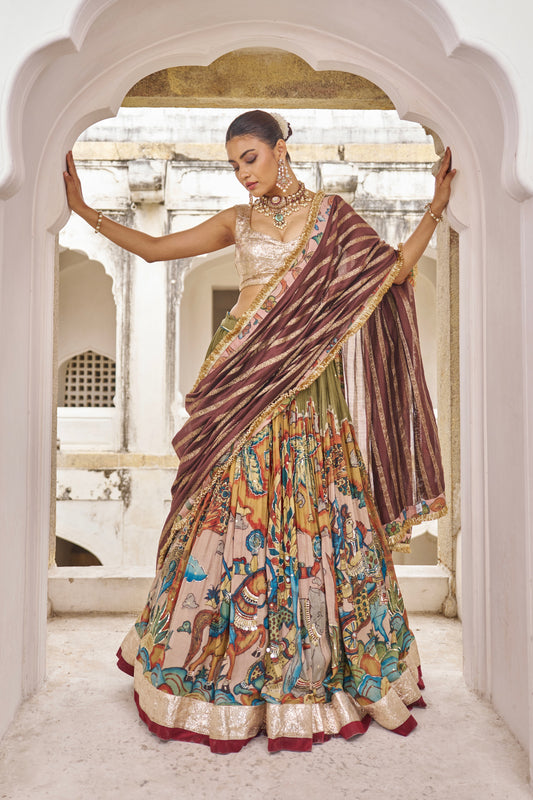 Olive-Green Sena Theme Lehenga Set