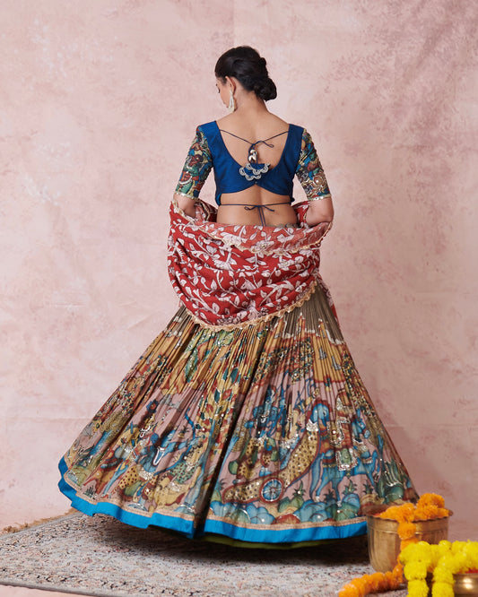 Olive-Green Sena Theme Kalamkari Lehenga Set