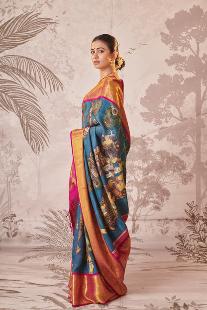 Hand-Painted Kalamkari Kanjeevaram Natyam Themed Saree