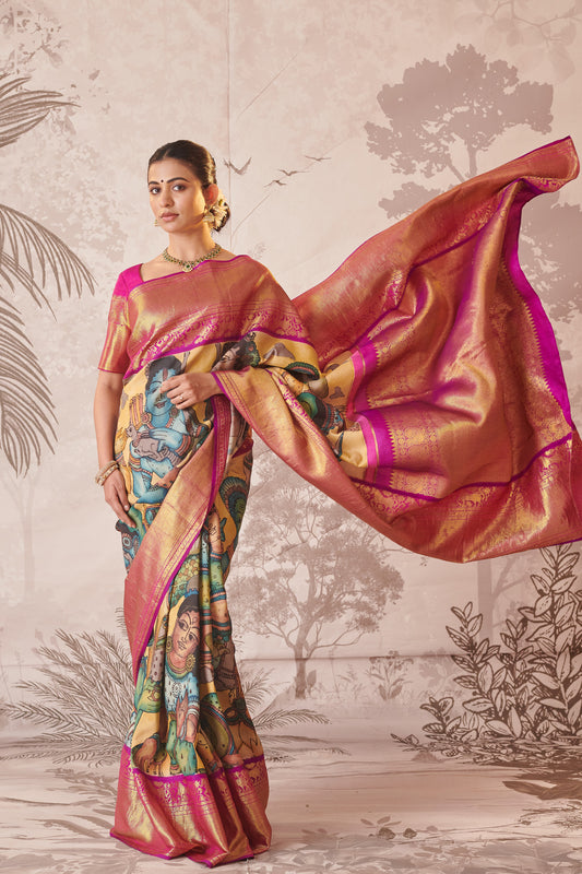 Hand-Painted Kalamkari Kanjeevaram Ramayanam Themed Saree