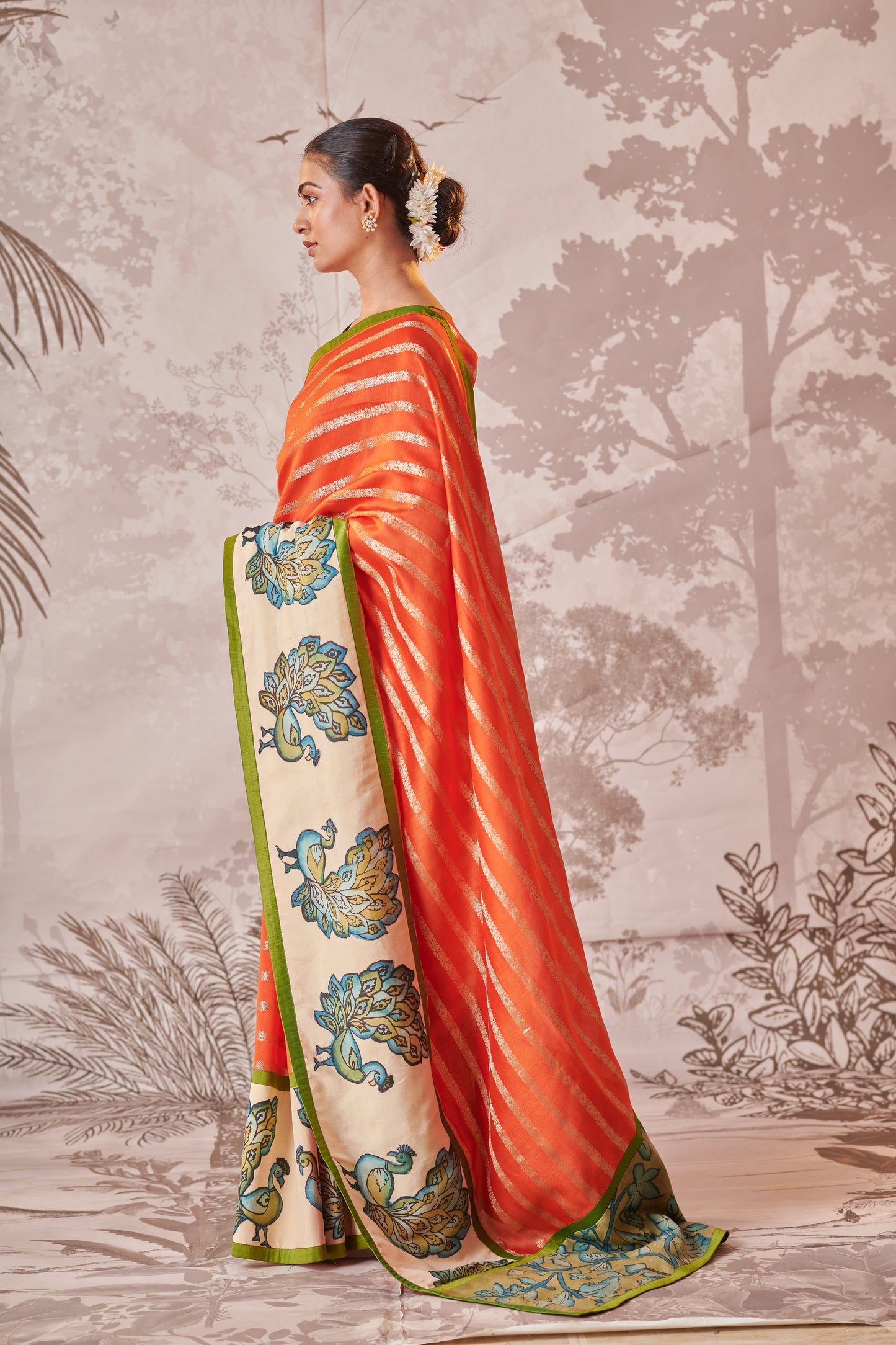 Tangerine Orange Peacock Hand-Painted Kalamkari Saree Set