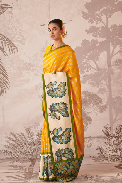 Yellow Peacock Hand-Painted Kalamkari Saree Set