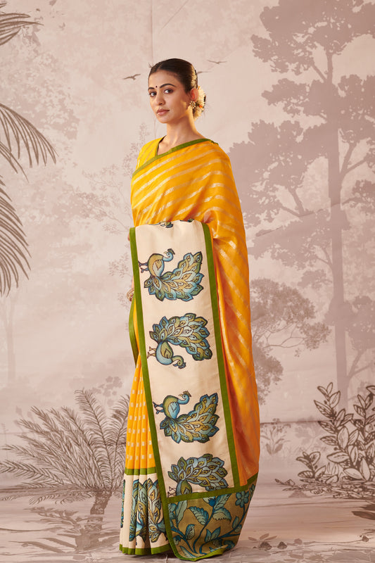 Yellow Peacock Hand-Painted Kalamkari Saree Set