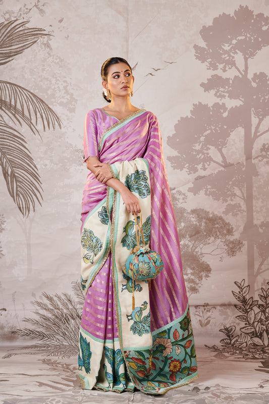 Lilac Peacock Hand-Painted Kalamkari Saree Set