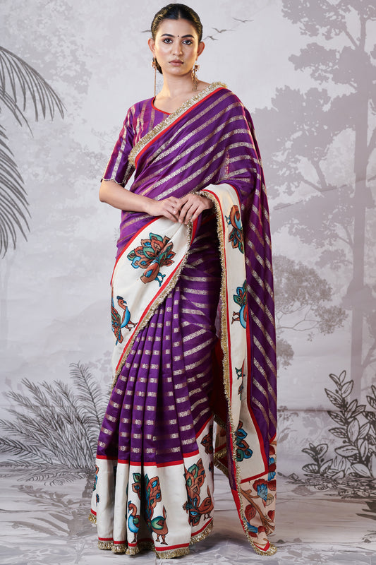 Purple Peacock Hand-Painted Kalamkari Saree Set