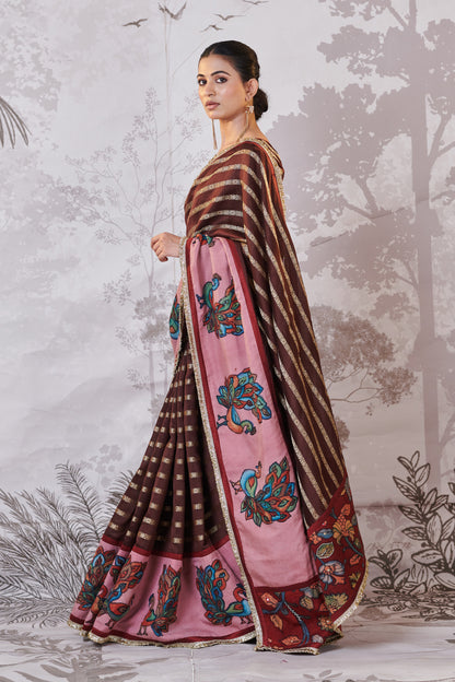 Brown Peacock Hand-Painted Kalamkari Saree Set