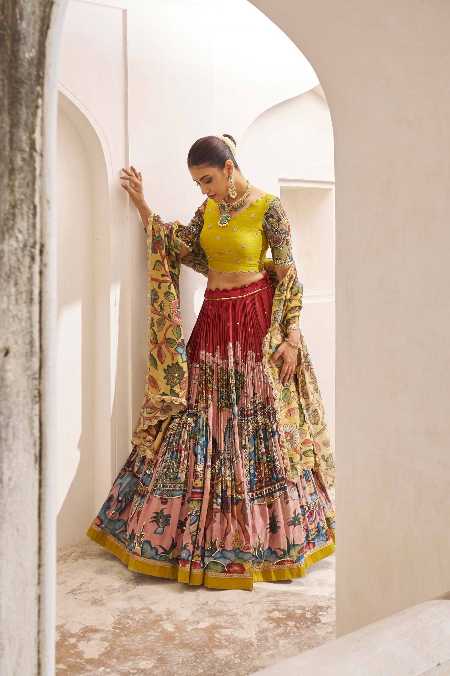 Maroon Palenquin Bride Theme Kalamkari Lehenga Set