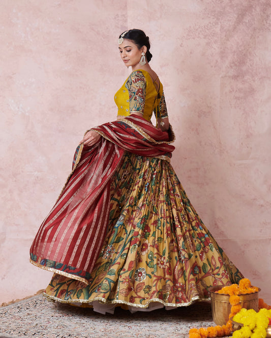 Oakre Yellow Floral Kalamkari Lehenga Set