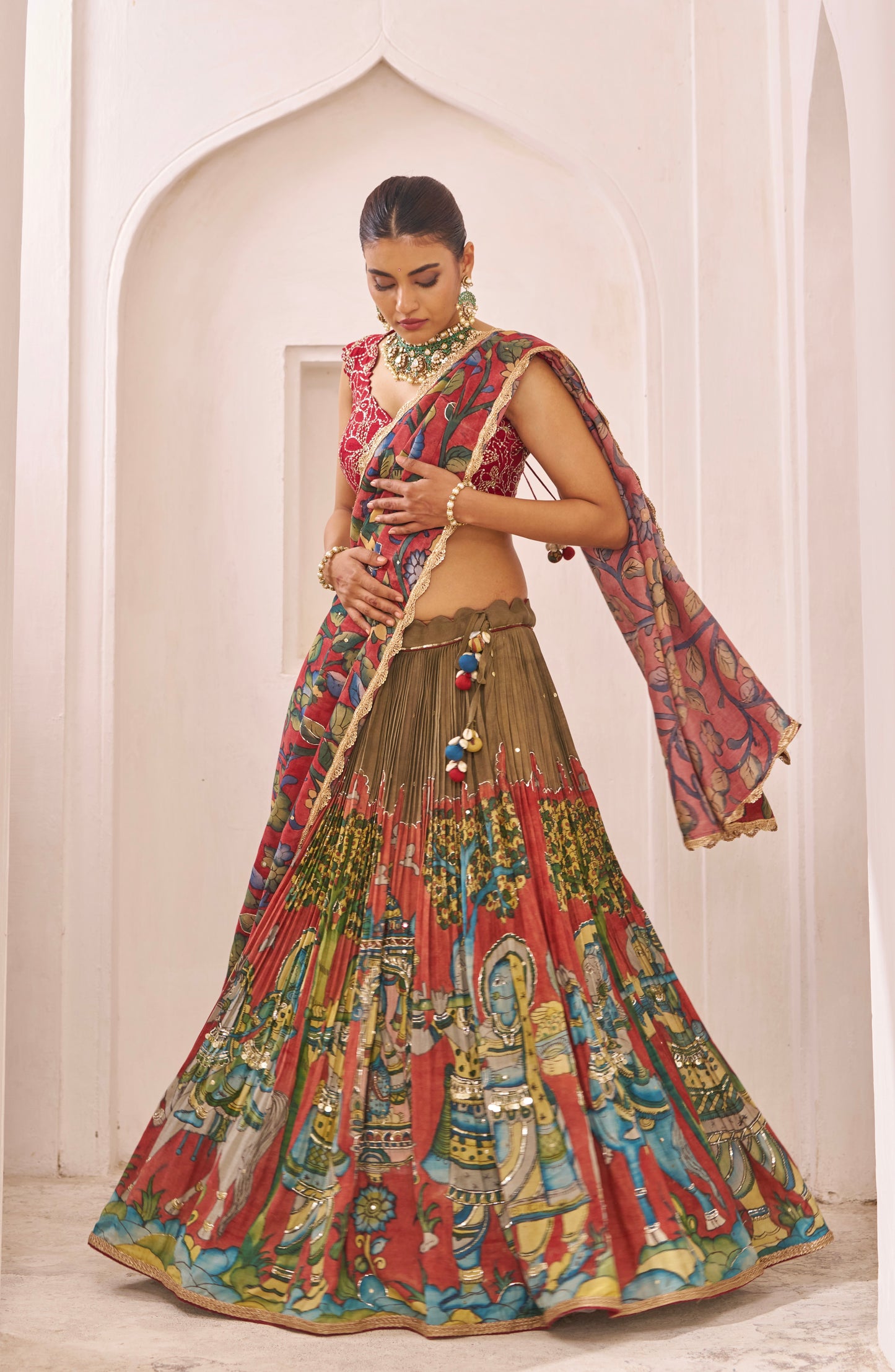 Olive-Green  Palenquin Bride Theme Kalamkari Lehenga Set