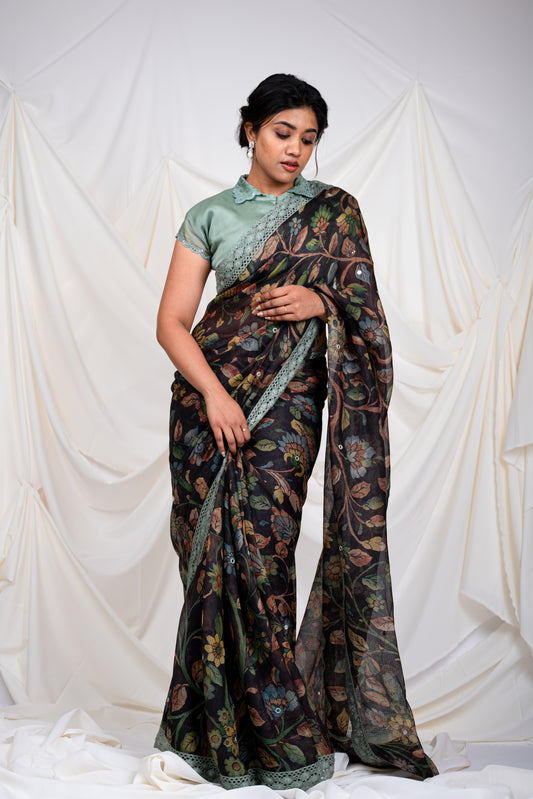 Noir Floral Kalamkari Saree Set