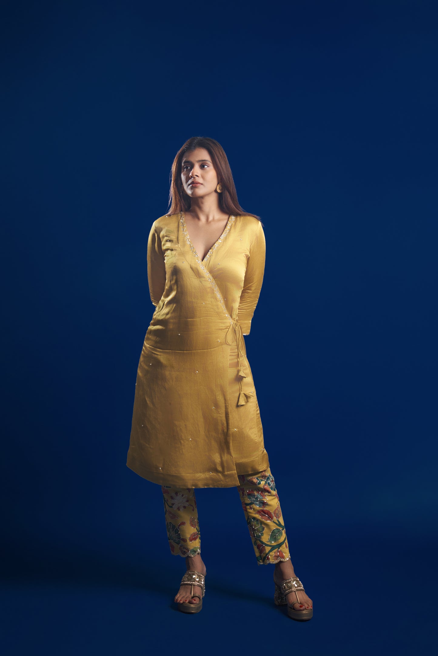 Oakre-Yellow Embroidered Kalamkari Pants With Embroidered Wrap Tunic