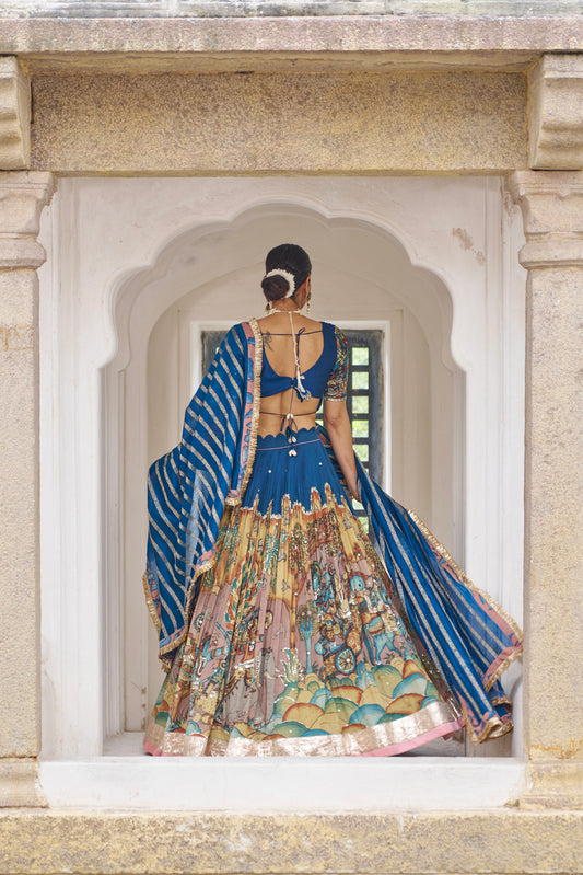 Blue Sena Theme Kalamkari Lehenga Set
