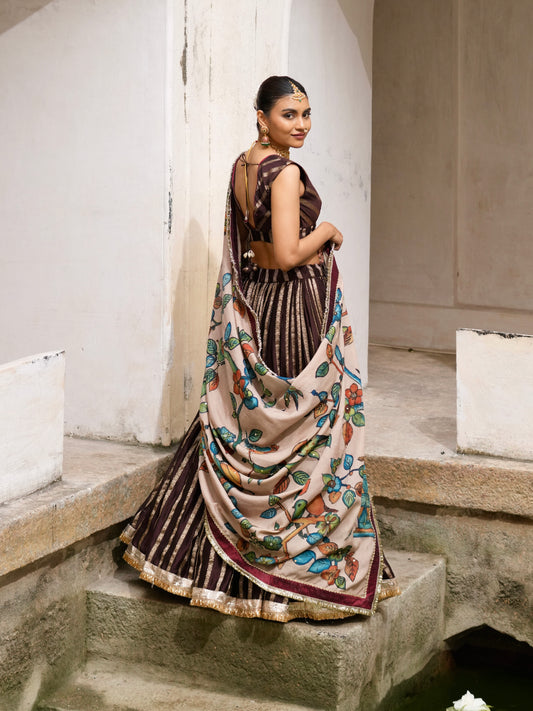 Brown Lehenga Set With Birds Outside Cages Kalamkari Dupatta