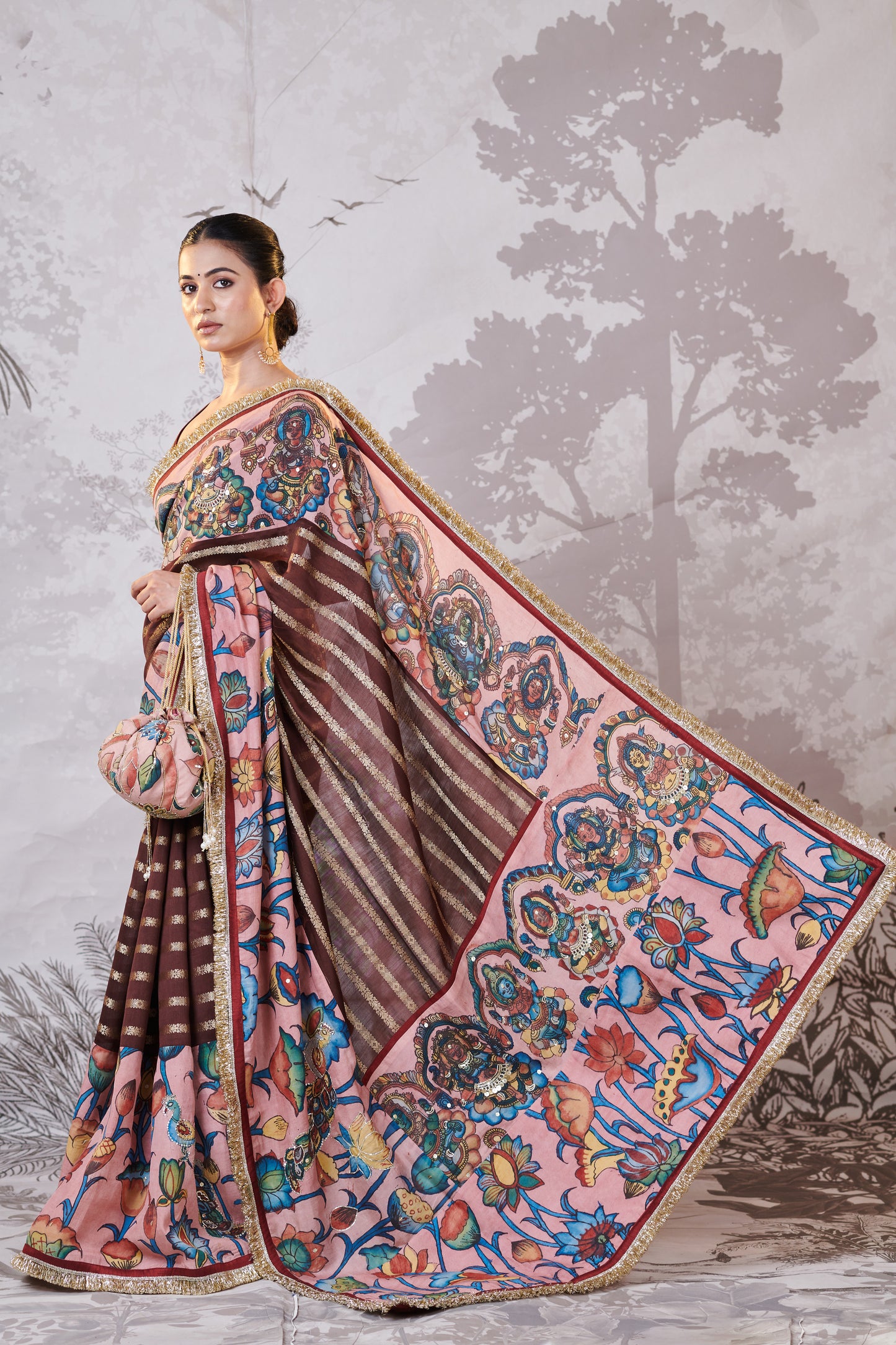 Brown Ashta-Lakshmi Hand-Painted Kalamkari Saree Set