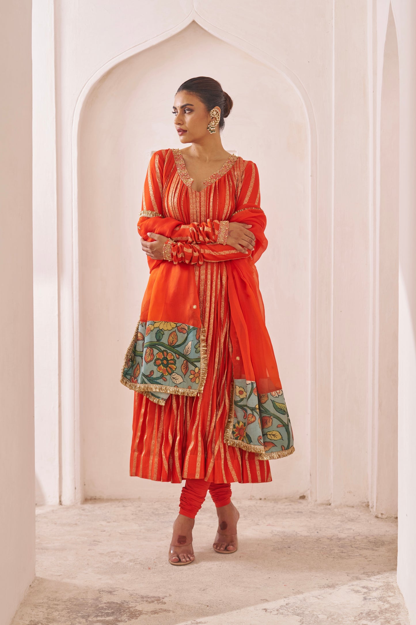 Orange Zari Stripes Anarkali Set