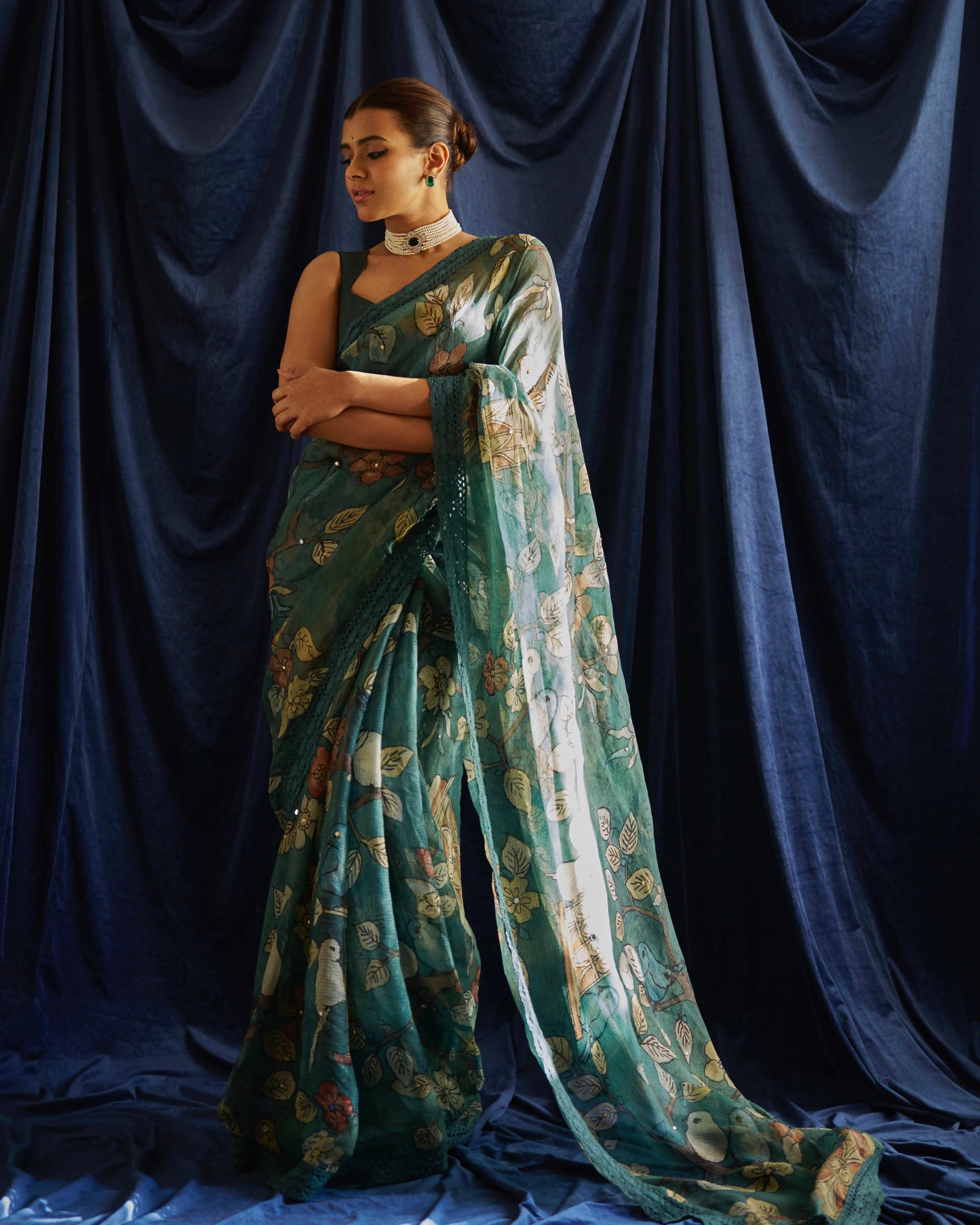Ramagreen bird cage Hand-Painted Kalamkari Saree Set