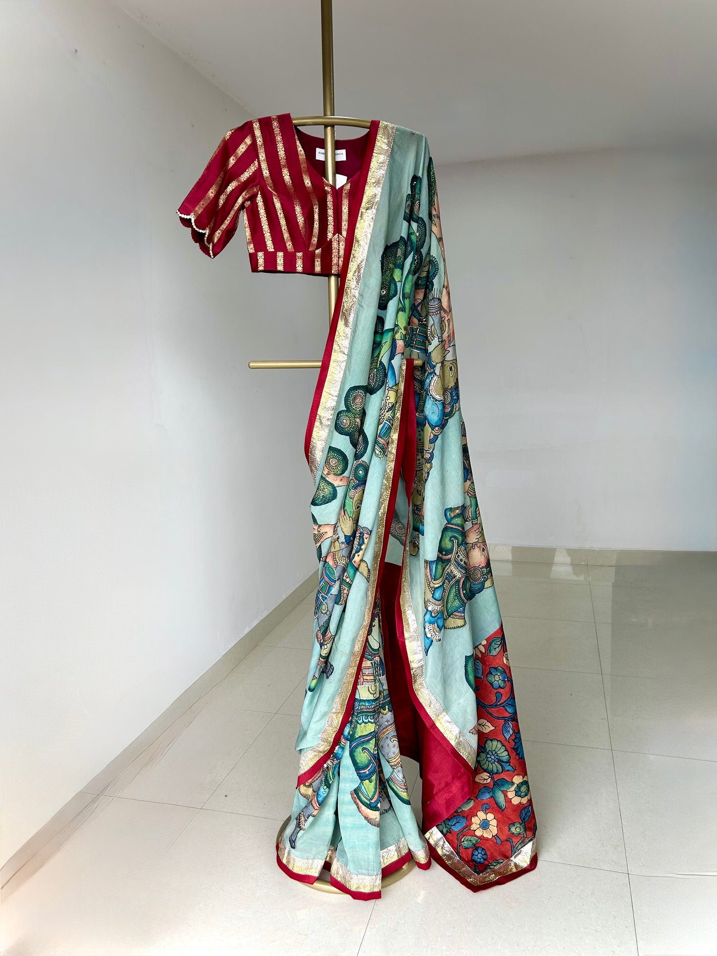 Ice-Blue Natyam Kalamkari Saree Set