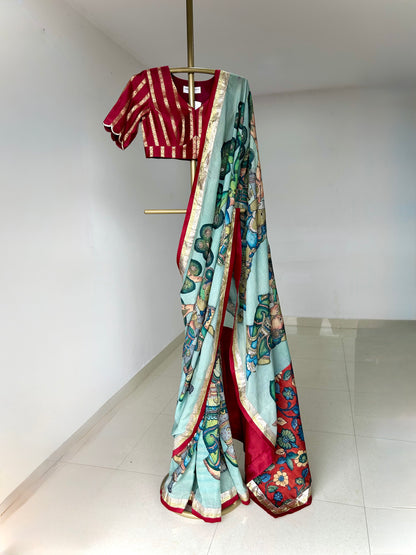 Ice-Blue Natyam Kalamkari Saree Set