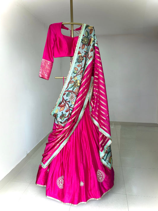 Hotpink Lehenga Set With Kalamkari Detailing.