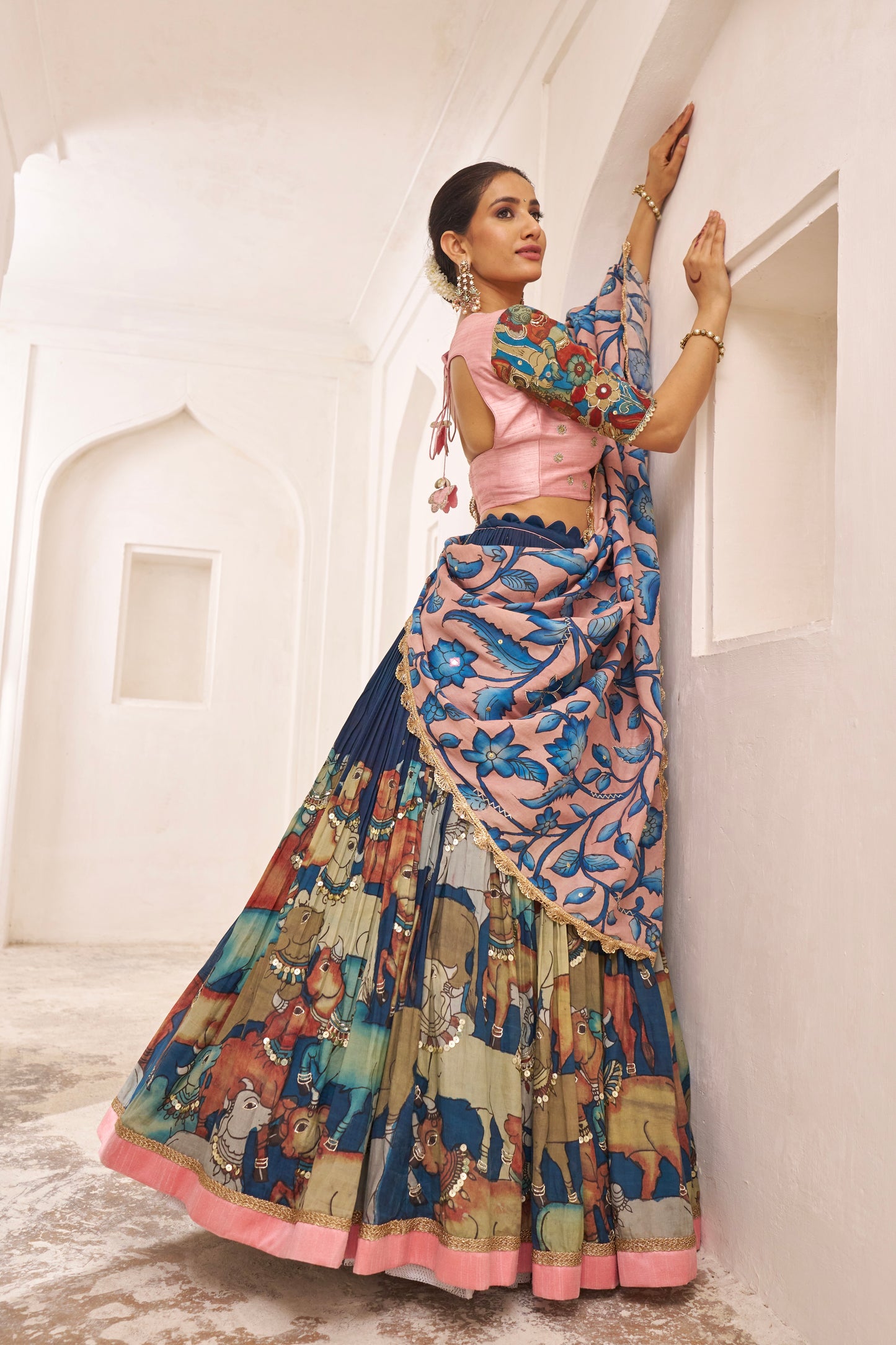 Blue Pichwai Theme Kalamkari Lehenga Set
