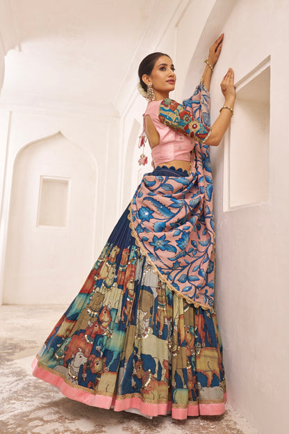 Blue Pichwai Theme Kalamkari Lehenga Set