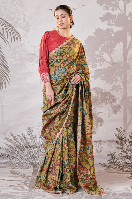 Olive-Green Hand-Painted Kalamkari Saree Set