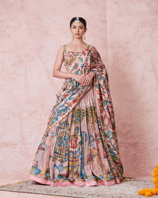 Sandrose-Pink Palenquin Bride Theme Kalamkari Lehenga Set
