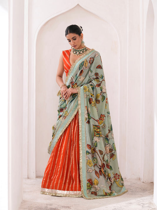 Orange Lehenga Set With Birds Outside Cages Kalamkari Dupatta