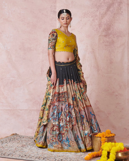 Noir Sena Theme Kalamkari Lehenga Set