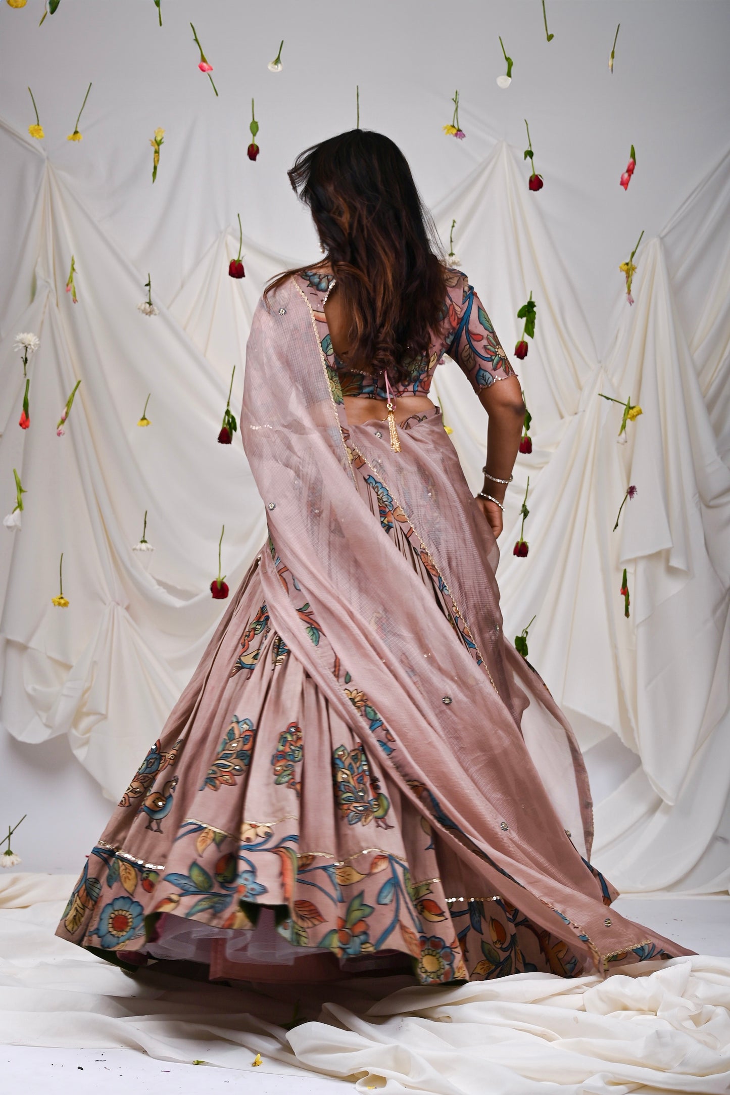 Sandrose-Pink Kalamkari Peacock Lehenga Set