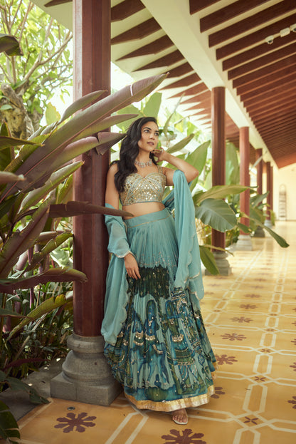 Ice-Blue Palenquin Bride Theme Kalamkari Lehenga Set