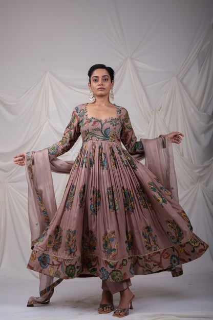 Sandrose-Pink Kalamkari Peacock Anarkali Set