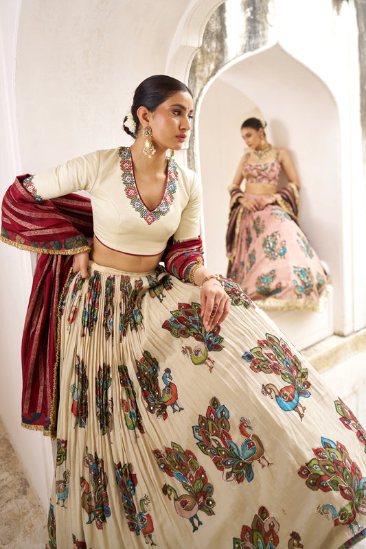 Ivory Peacock Theme Kalamkari Lehenga Set