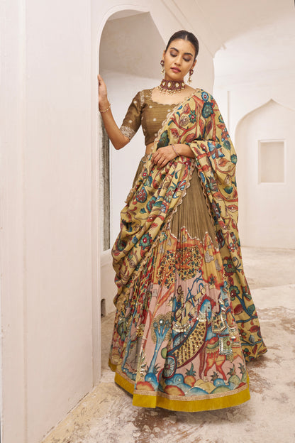 Olive-Brown Sena Theme Kalamkari Lehenga Set
