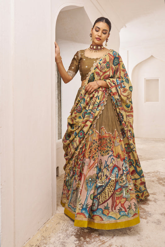 Olive-Brown Sena Theme Kalamkari Lehenga Set