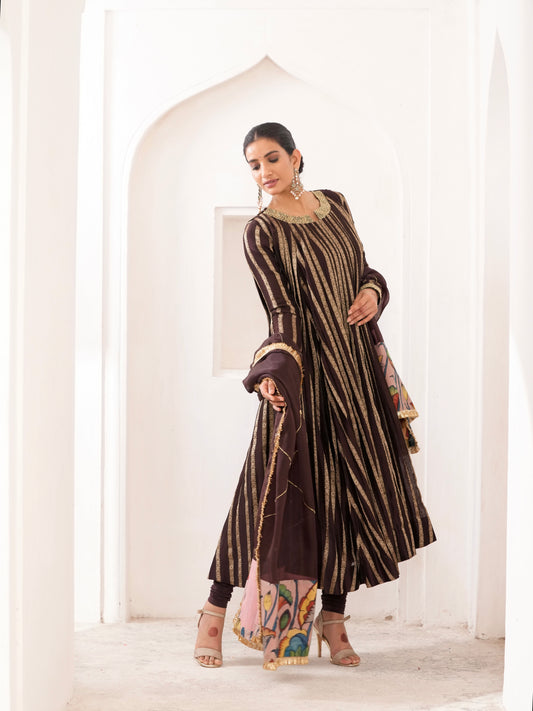 Signature Brown Zari Stripes Anarkali Set