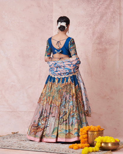 Blue Sena Theme Kalamkari Lehenga Set