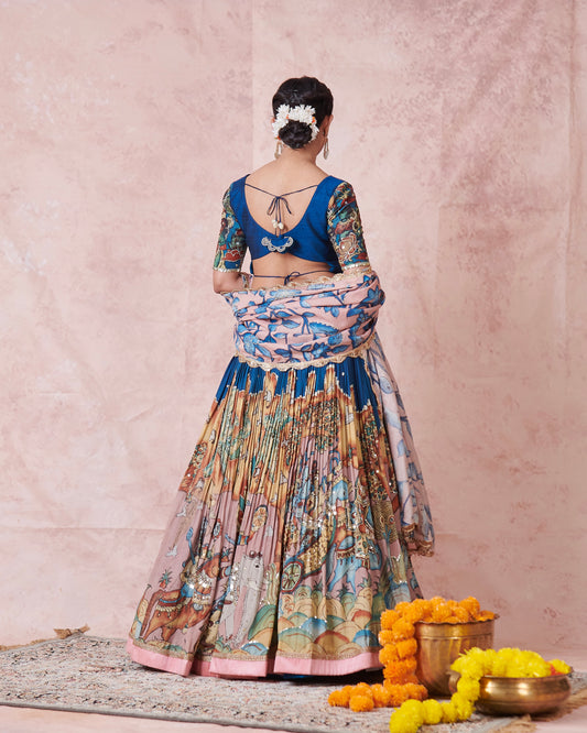 Blue Sena Theme Kalamkari Lehenga Set