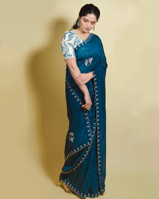 Peacock Blue Embroidered Saree With Kalamkari Blouse
