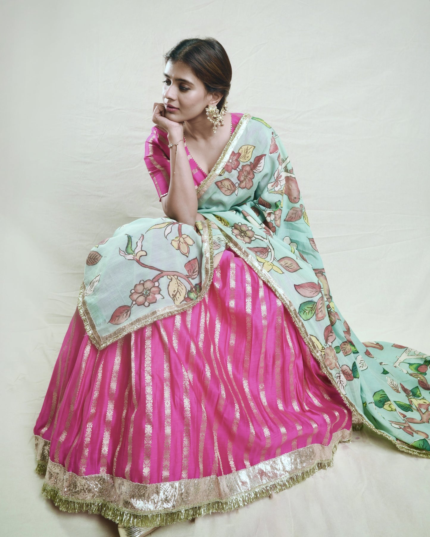Hotpink Lehenga Set With Birds Outside Cages Kalamkari Dupatta