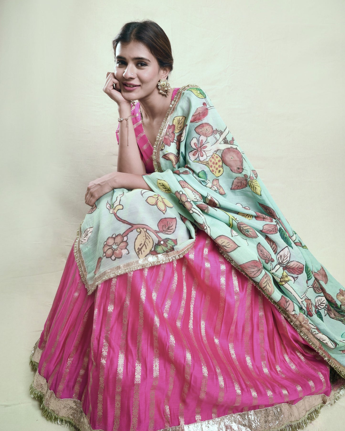 Hotpink Lehenga Set With Birds Outside Cages Kalamkari Dupatta