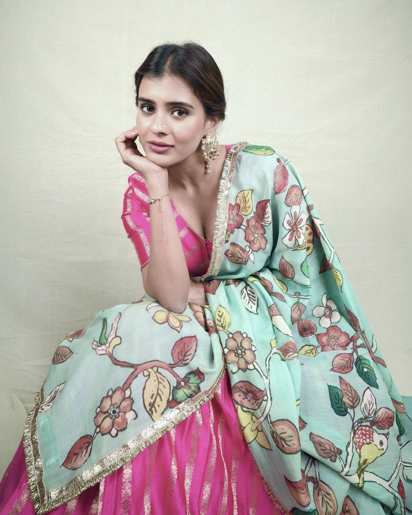 Hotpink Lehenga Set With Birds Outside Cages Kalamkari Dupatta