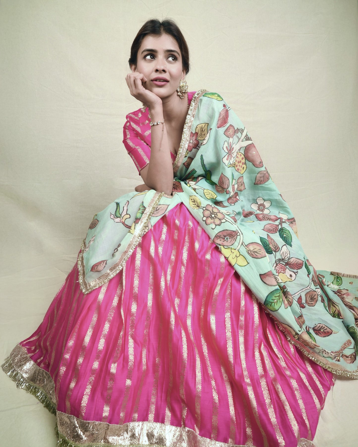 Hotpink Lehenga Set With Birds Outside Cages Kalamkari Dupatta