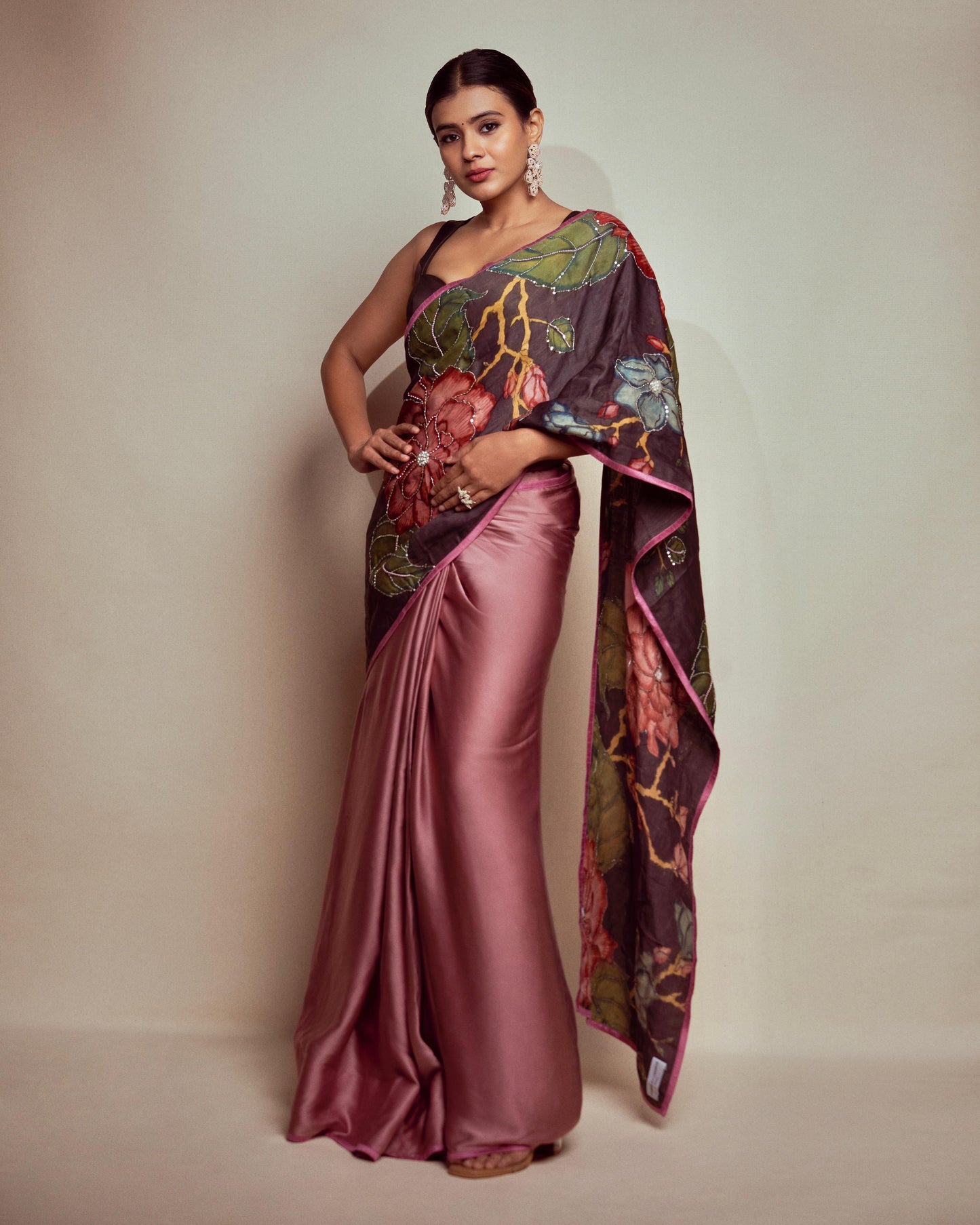 Sandrose-Pink Kalamkari Fusion Saree Set