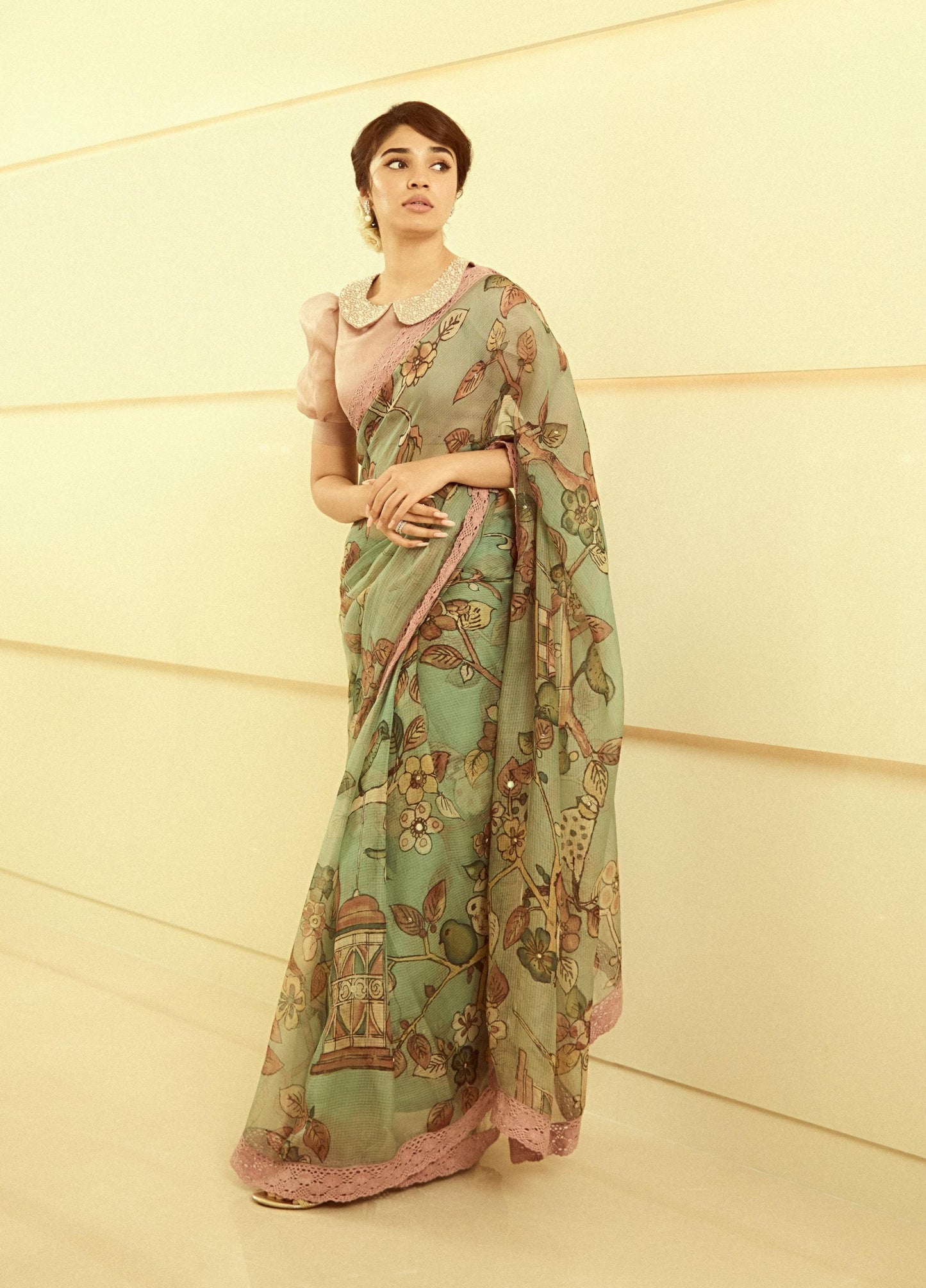 Pastel Blue Bird-Cage Kalamkari Saree Set