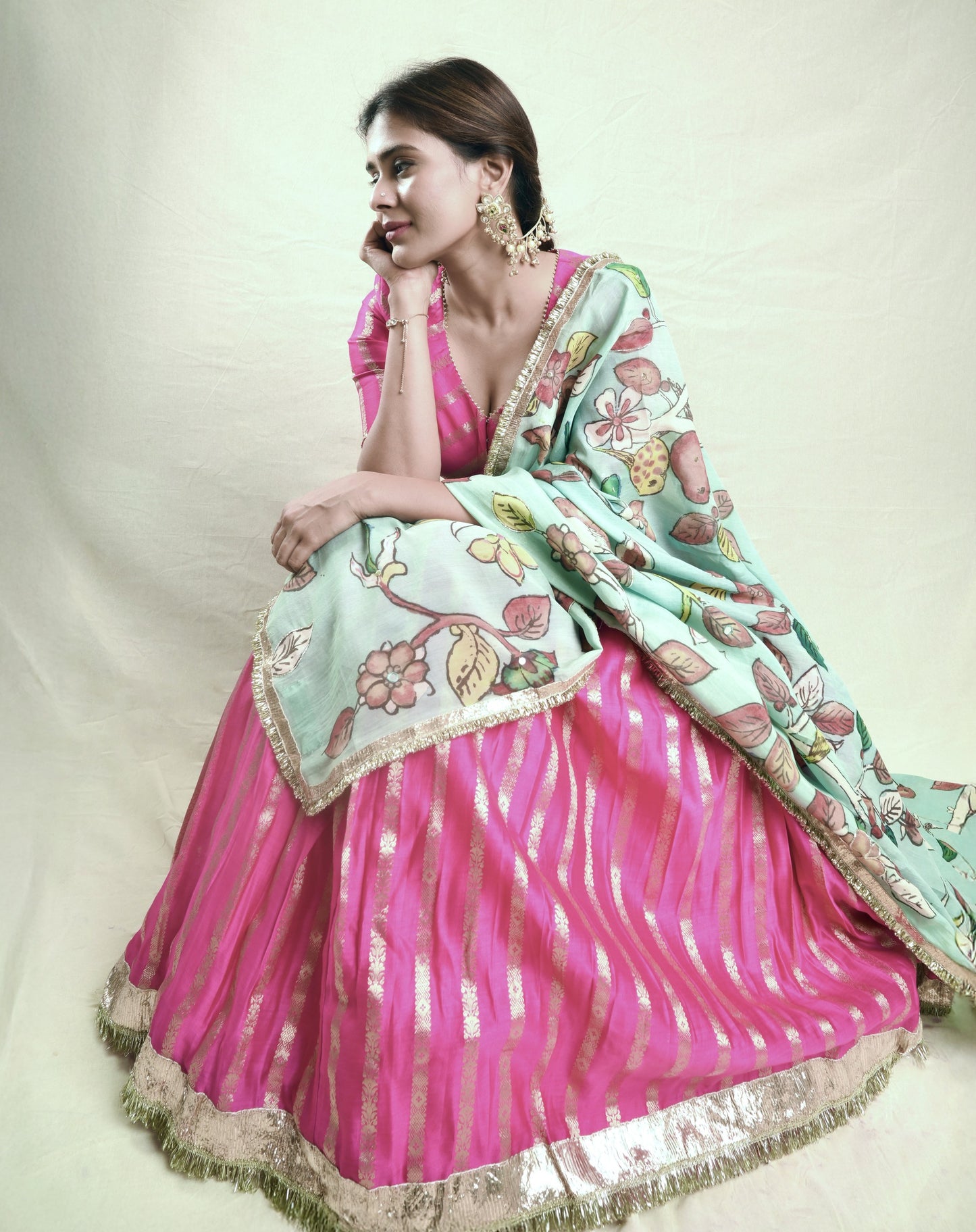 Hotpink Lehenga Set With Birds Outside Cages Kalamkari Dupatta
