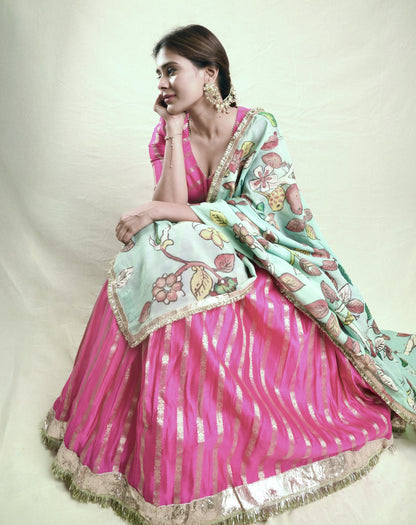 Hotpink Lehenga Set With Birds Outside Cages Kalamkari Dupatta