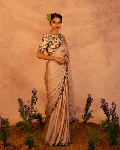 Champagne Saree With Kalamkari Blouse